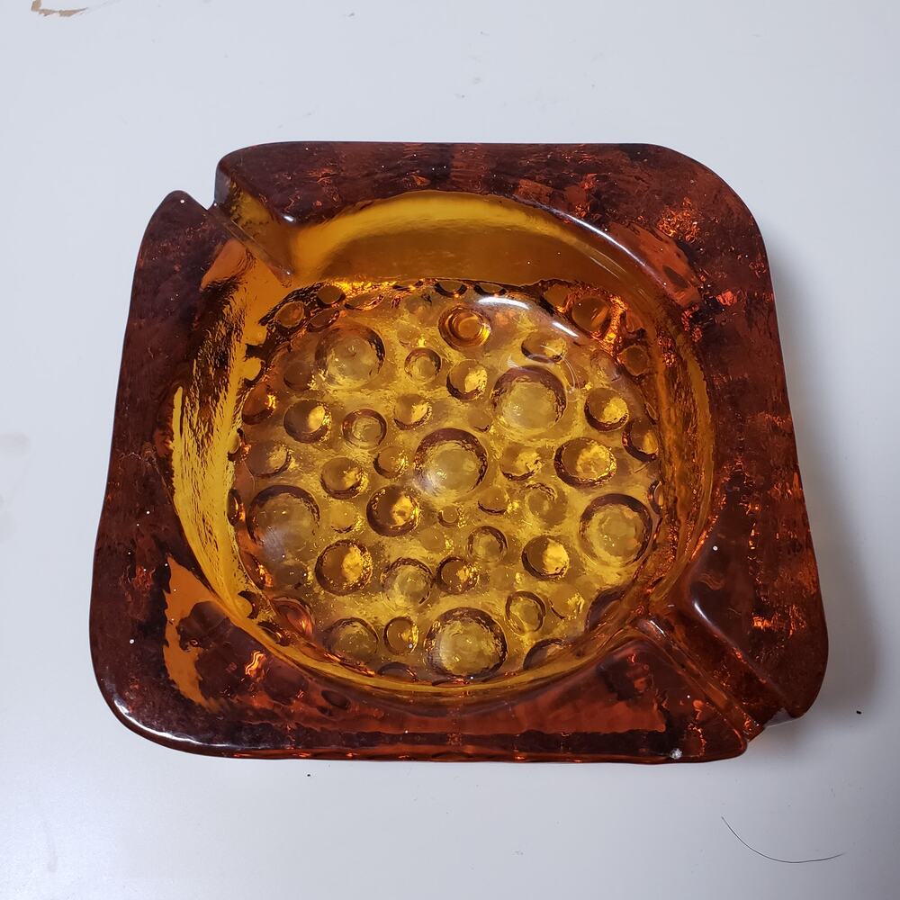 Vintage Square Bubble Glass Shallow Ashtray Honey‎ Gold MCM Retro Decor Cigars